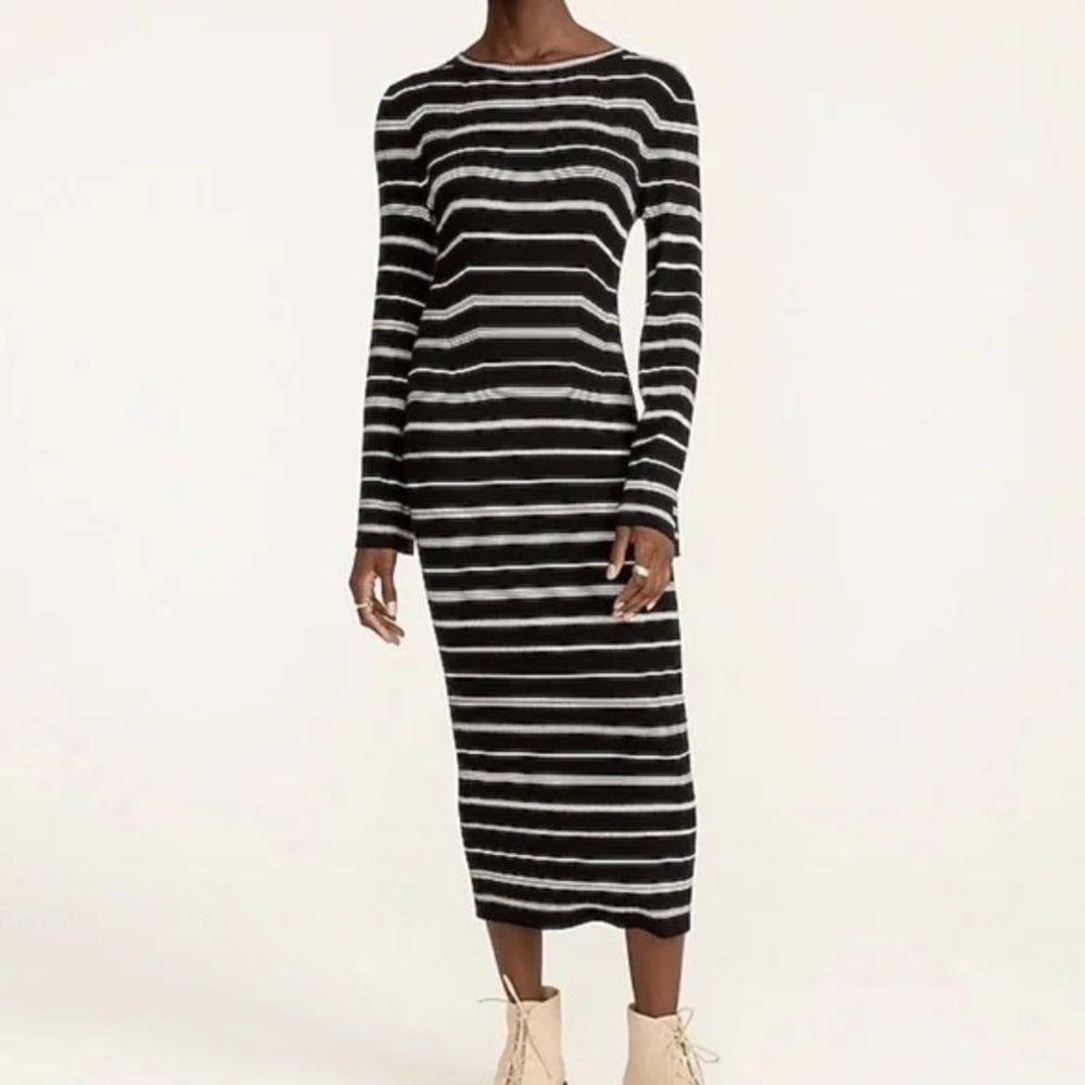 NWT J Crew Knit Ribbed Sweater Dress in Mixed Stripe Maxi Black White Size S